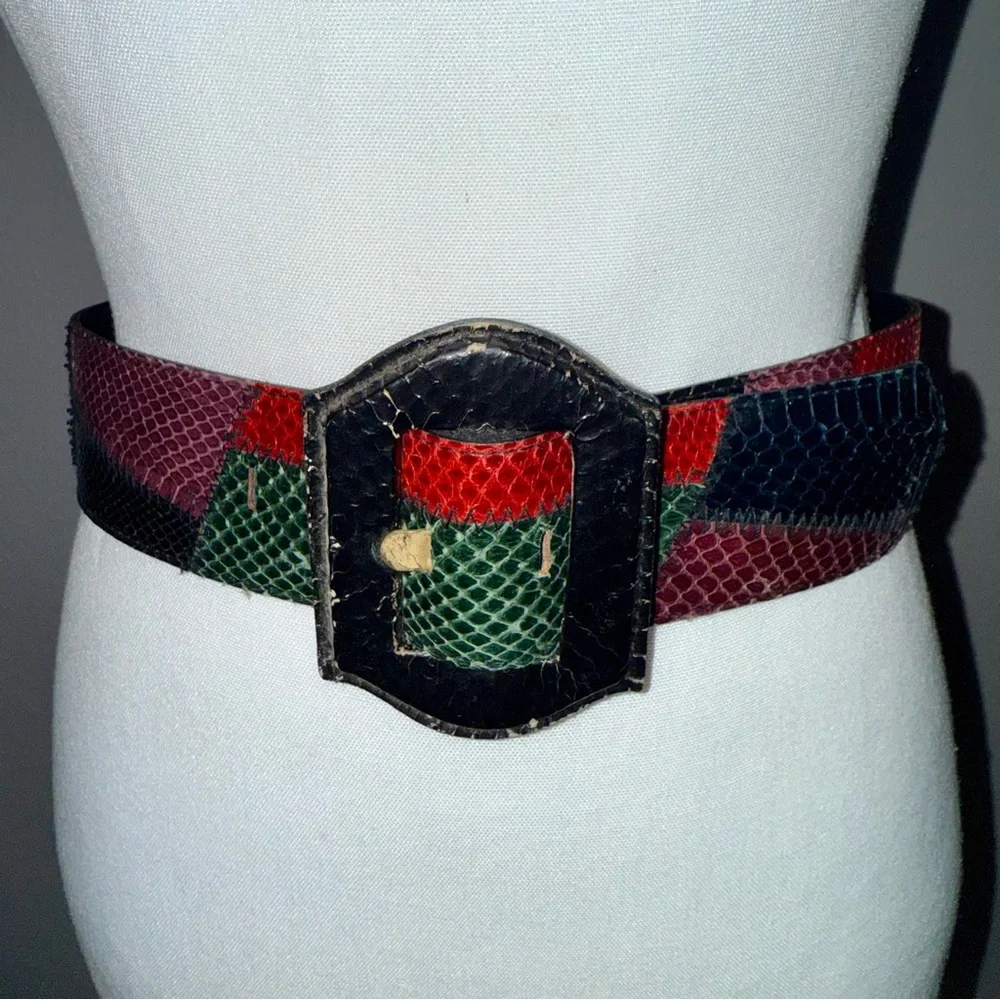 Rare Vintage Multicolor Genuine Snakeskin Belt Ladies M/L Red Green Black ‘80-90